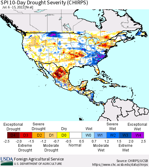 North America SPI 10-Day Drought Severity (CHIRPS) Thematic Map For 7/6/2022 - 7/15/2022