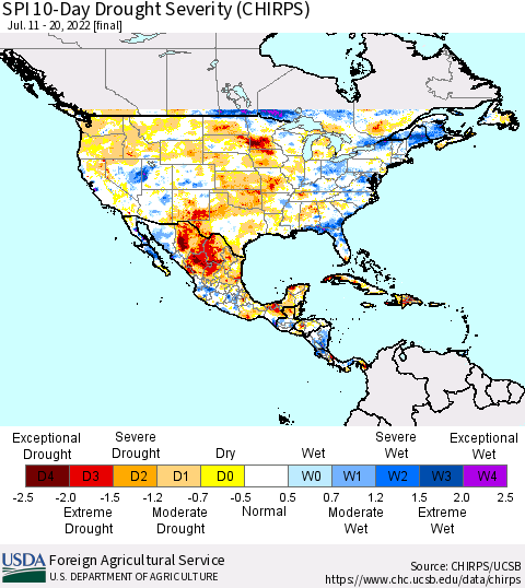 North America SPI 10-Day Drought Severity (CHIRPS) Thematic Map For 7/11/2022 - 7/20/2022