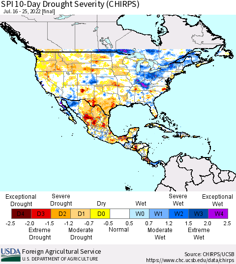 North America SPI 10-Day Drought Severity (CHIRPS) Thematic Map For 7/16/2022 - 7/25/2022