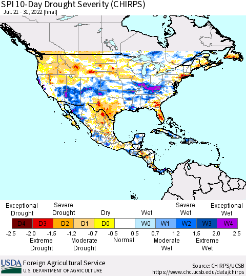 North America SPI 10-Day Drought Severity (CHIRPS) Thematic Map For 7/21/2022 - 7/31/2022