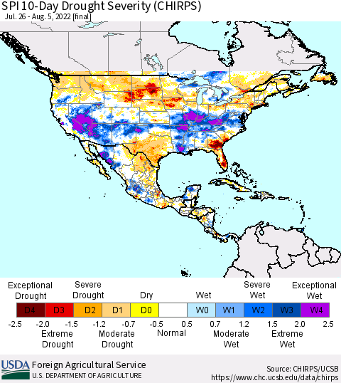 North America SPI 10-Day Drought Severity (CHIRPS) Thematic Map For 7/26/2022 - 8/5/2022