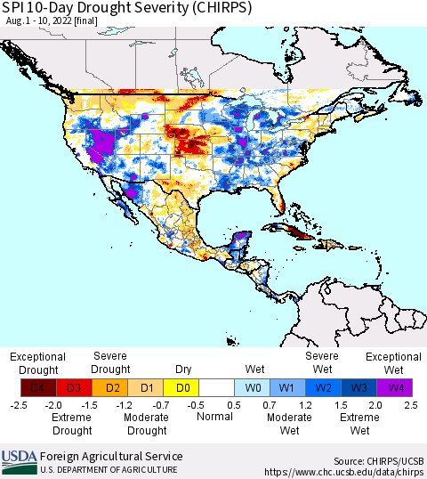 North America SPI 10-Day Drought Severity (CHIRPS) Thematic Map For 8/1/2022 - 8/10/2022
