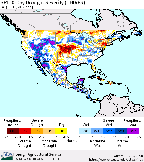 North America SPI 10-Day Drought Severity (CHIRPS) Thematic Map For 8/6/2022 - 8/15/2022