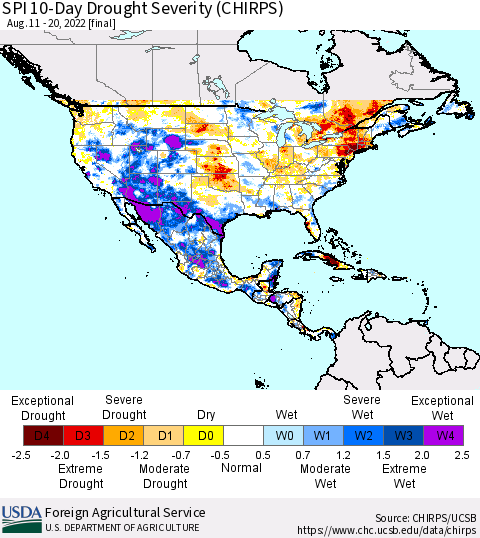 North America SPI 10-Day Drought Severity (CHIRPS) Thematic Map For 8/11/2022 - 8/20/2022