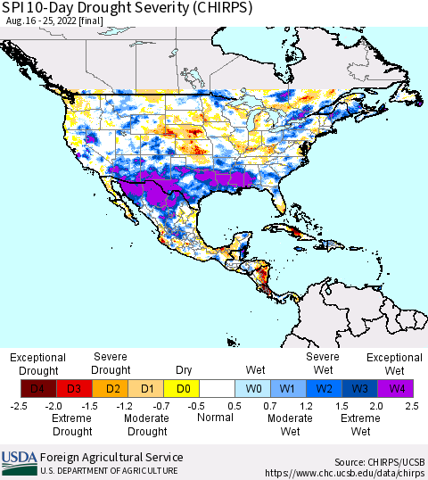 North America SPI 10-Day Drought Severity (CHIRPS) Thematic Map For 8/16/2022 - 8/25/2022