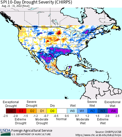 North America SPI 10-Day Drought Severity (CHIRPS) Thematic Map For 8/21/2022 - 8/31/2022