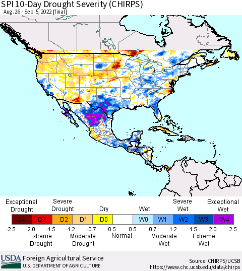 North America SPI 10-Day Drought Severity (CHIRPS) Thematic Map For 8/26/2022 - 9/5/2022