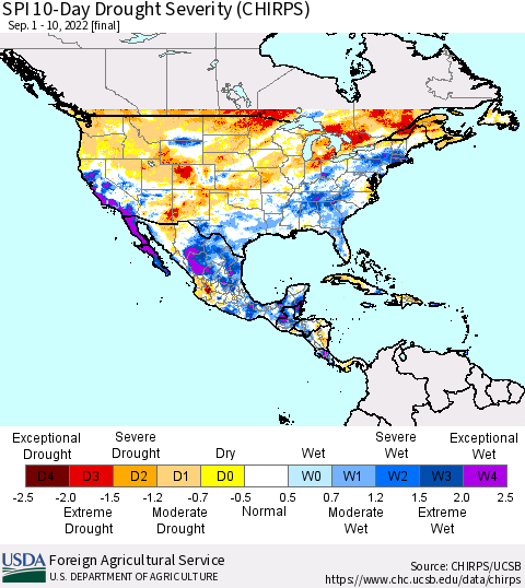 North America SPI 10-Day Drought Severity (CHIRPS) Thematic Map For 9/1/2022 - 9/10/2022