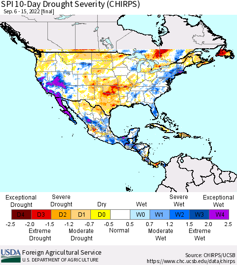 North America SPI 10-Day Drought Severity (CHIRPS) Thematic Map For 9/6/2022 - 9/15/2022