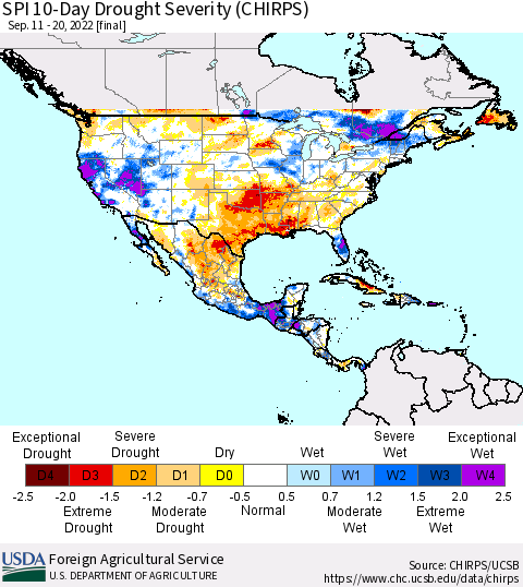 North America SPI 10-Day Drought Severity (CHIRPS) Thematic Map For 9/11/2022 - 9/20/2022