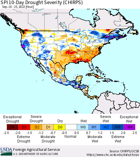 North America SPI 10-Day Drought Severity (CHIRPS) Thematic Map For 9/16/2022 - 9/25/2022