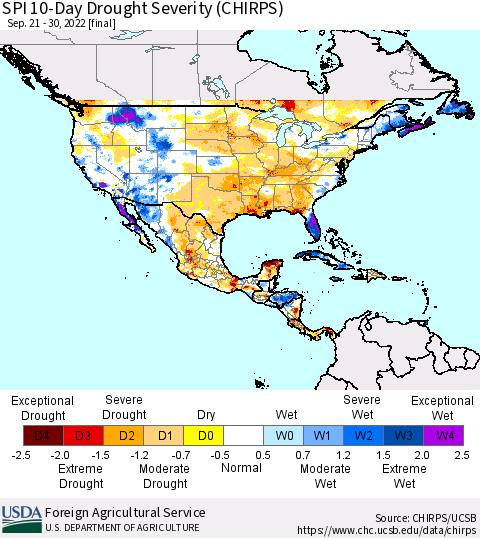 North America SPI 10-Day Drought Severity (CHIRPS) Thematic Map For 9/21/2022 - 9/30/2022