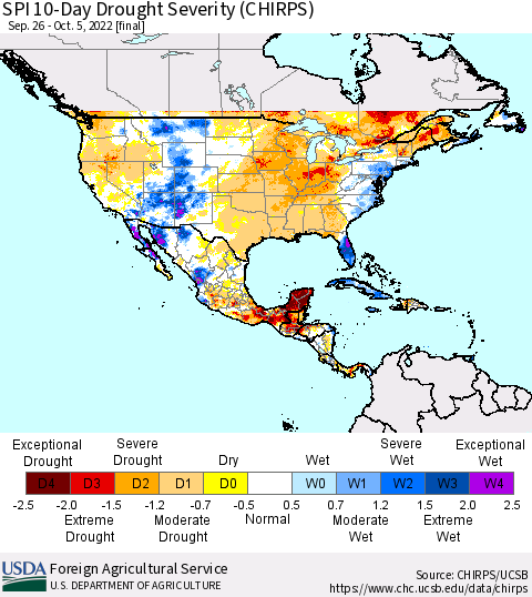 North America SPI 10-Day Drought Severity (CHIRPS) Thematic Map For 9/26/2022 - 10/5/2022