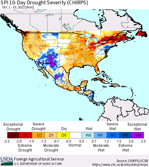 North America SPI 10-Day Drought Severity (CHIRPS) Thematic Map For 10/1/2022 - 10/10/2022