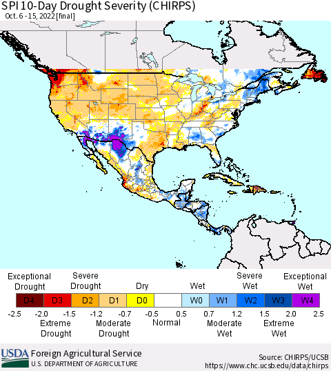 North America SPI 10-Day Drought Severity (CHIRPS) Thematic Map For 10/6/2022 - 10/15/2022