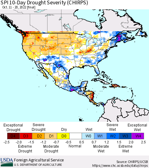North America SPI 10-Day Drought Severity (CHIRPS) Thematic Map For 10/11/2022 - 10/20/2022