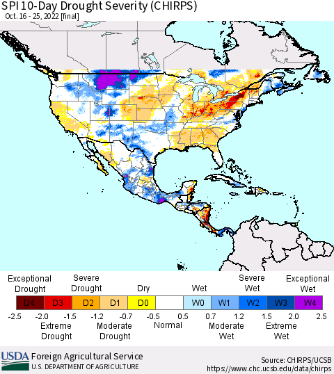 North America SPI 10-Day Drought Severity (CHIRPS) Thematic Map For 10/16/2022 - 10/25/2022