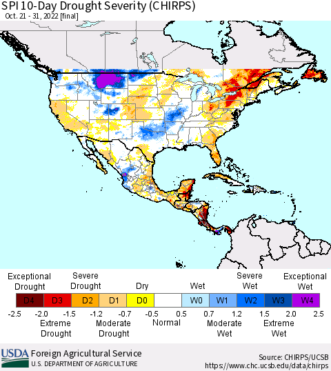 North America SPI 10-Day Drought Severity (CHIRPS) Thematic Map For 10/21/2022 - 10/31/2022