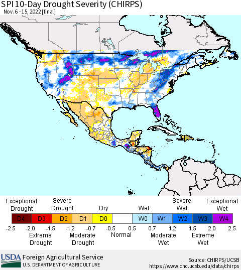 North America SPI 10-Day Drought Severity (CHIRPS) Thematic Map For 11/6/2022 - 11/15/2022