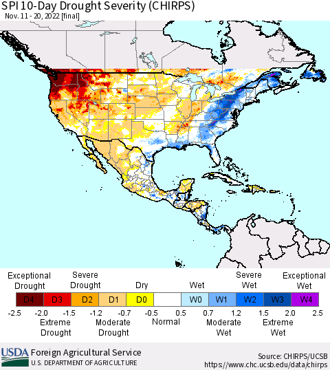 North America SPI 10-Day Drought Severity (CHIRPS) Thematic Map For 11/11/2022 - 11/20/2022