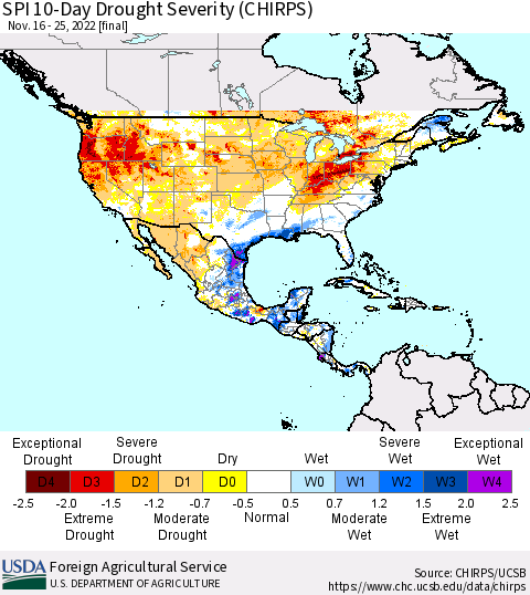 North America SPI 10-Day Drought Severity (CHIRPS) Thematic Map For 11/16/2022 - 11/25/2022
