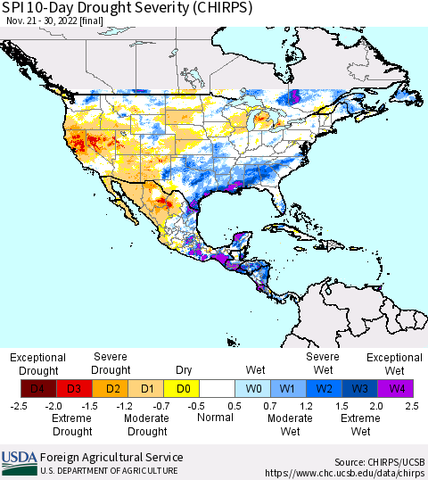 North America SPI 10-Day Drought Severity (CHIRPS) Thematic Map For 11/21/2022 - 11/30/2022