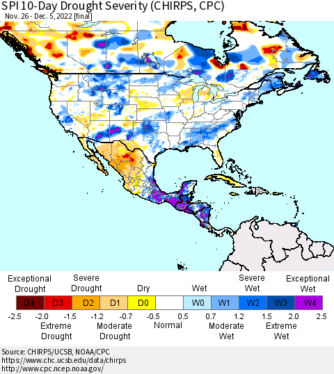 North America SPI 10-Day Drought Severity (CHIRPS) Thematic Map For 11/26/2022 - 12/5/2022