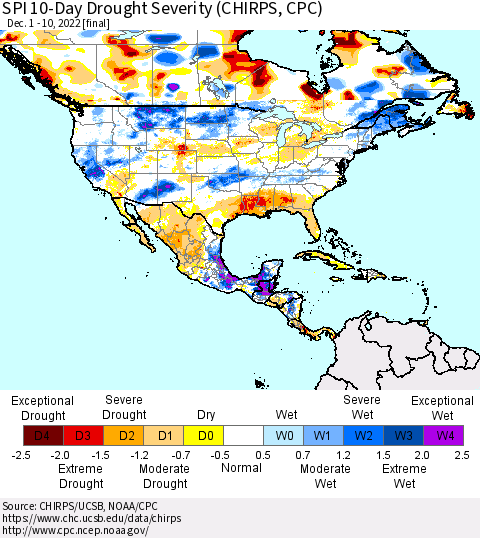 North America SPI 10-Day Drought Severity (CHIRPS) Thematic Map For 12/1/2022 - 12/10/2022