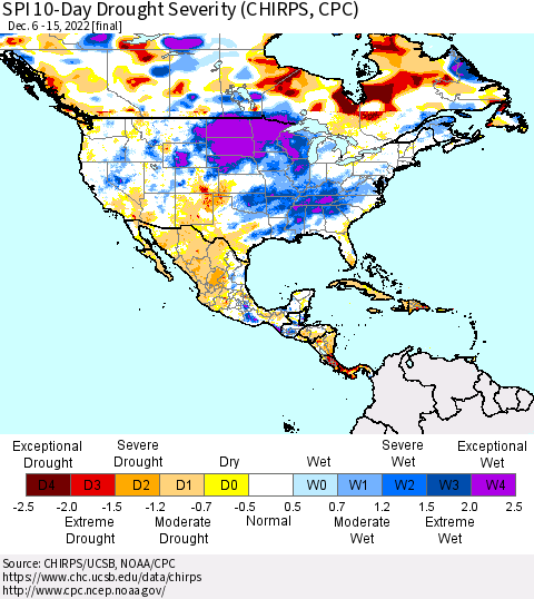 North America SPI 10-Day Drought Severity (CHIRPS) Thematic Map For 12/6/2022 - 12/15/2022