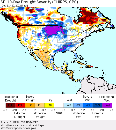 North America SPI 10-Day Drought Severity (CHIRPS) Thematic Map For 12/11/2022 - 12/20/2022