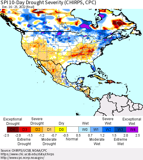 North America SPI 10-Day Drought Severity (CHIRPS) Thematic Map For 12/16/2022 - 12/25/2022