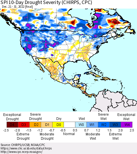North America SPI 10-Day Drought Severity (CHIRPS) Thematic Map For 12/21/2022 - 12/31/2022
