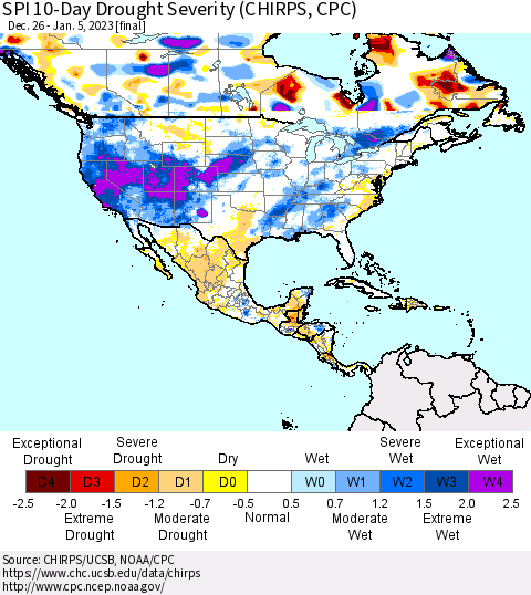 North America SPI 10-Day Drought Severity (CHIRPS) Thematic Map For 12/26/2022 - 1/5/2023