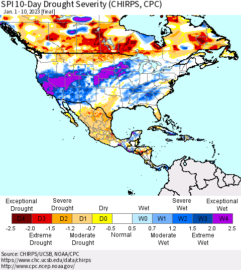 North America SPI 10-Day Drought Severity (CHIRPS) Thematic Map For 1/1/2023 - 1/10/2023
