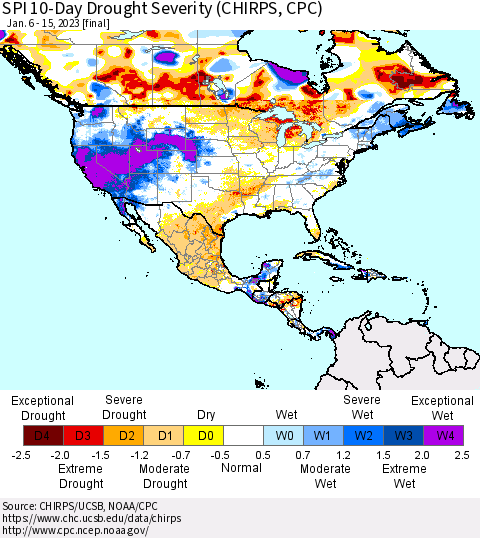 North America SPI 10-Day Drought Severity (CHIRPS) Thematic Map For 1/6/2023 - 1/15/2023