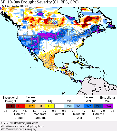 North America SPI 10-Day Drought Severity (CHIRPS) Thematic Map For 1/11/2023 - 1/20/2023