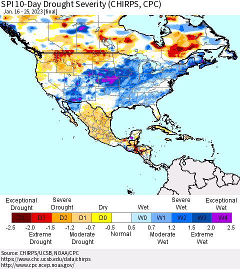 North America SPI 10-Day Drought Severity (CHIRPS) Thematic Map For 1/16/2023 - 1/25/2023