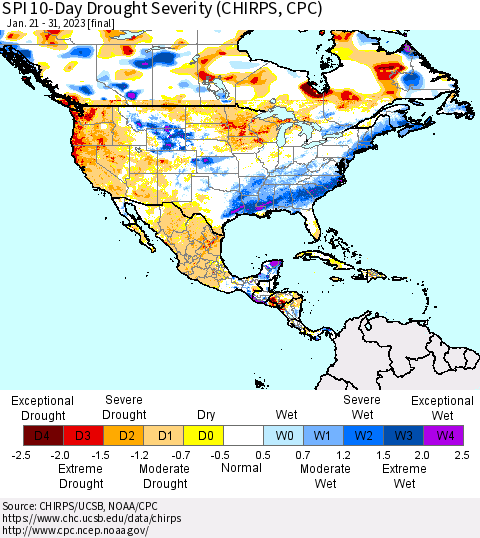 North America SPI 10-Day Drought Severity (CHIRPS) Thematic Map For 1/21/2023 - 1/31/2023
