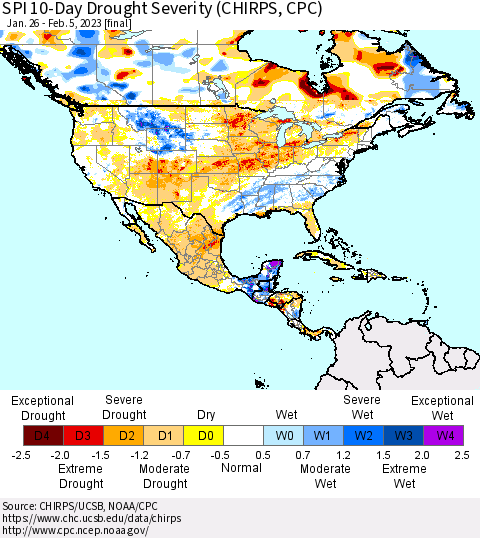 North America SPI 10-Day Drought Severity (CHIRPS) Thematic Map For 1/26/2023 - 2/5/2023