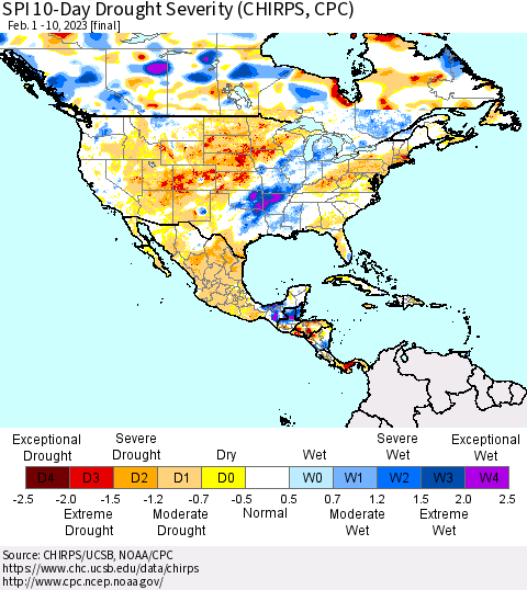 North America SPI 10-Day Drought Severity (CHIRPS) Thematic Map For 2/1/2023 - 2/10/2023