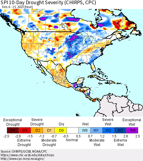 North America SPI 10-Day Drought Severity (CHIRPS) Thematic Map For 2/6/2023 - 2/15/2023
