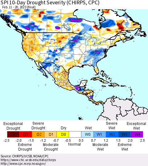 North America SPI 10-Day Drought Severity (CHIRPS) Thematic Map For 2/11/2023 - 2/20/2023
