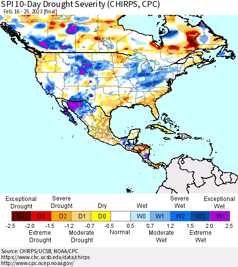 North America SPI 10-Day Drought Severity (CHIRPS) Thematic Map For 2/16/2023 - 2/25/2023