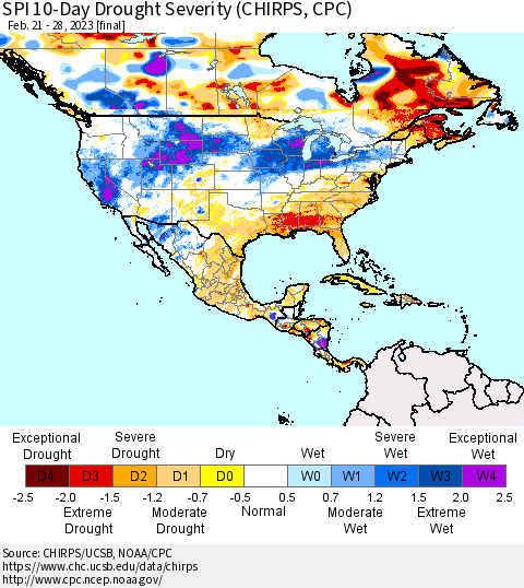 North America SPI 10-Day Drought Severity (CHIRPS) Thematic Map For 2/21/2023 - 2/28/2023