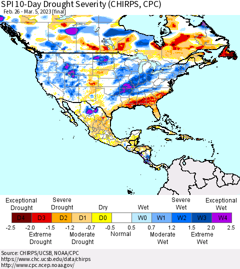North America SPI 10-Day Drought Severity (CHIRPS) Thematic Map For 2/26/2023 - 3/5/2023