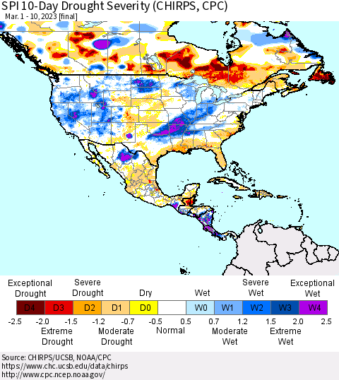 North America SPI 10-Day Drought Severity (CHIRPS) Thematic Map For 3/1/2023 - 3/10/2023