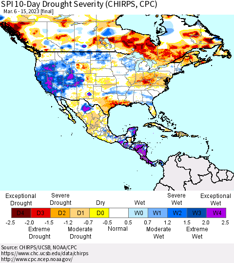 North America SPI 10-Day Drought Severity (CHIRPS) Thematic Map For 3/6/2023 - 3/15/2023