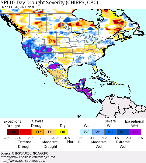 North America SPI 10-Day Drought Severity (CHIRPS) Thematic Map For 3/11/2023 - 3/20/2023