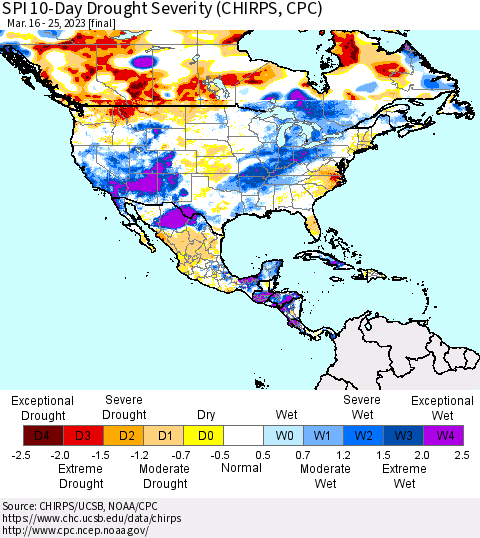 North America SPI 10-Day Drought Severity (CHIRPS) Thematic Map For 3/16/2023 - 3/25/2023