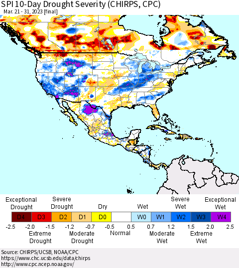 North America SPI 10-Day Drought Severity (CHIRPS) Thematic Map For 3/21/2023 - 3/31/2023